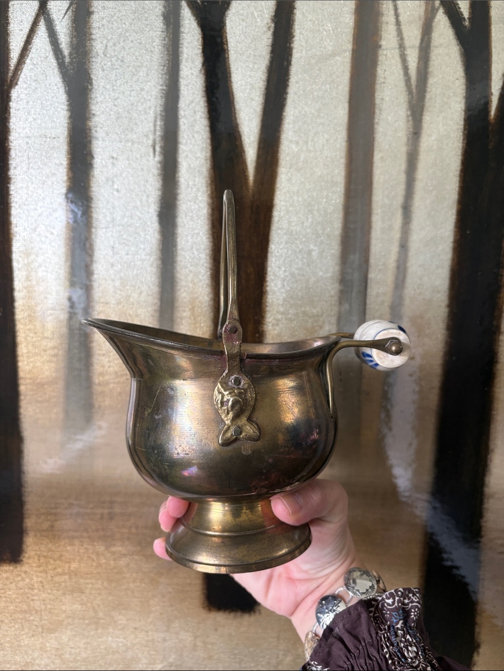 Vintage solid Brass Coal Scuttle with Delft Handle – Mid-Century Dutch Design